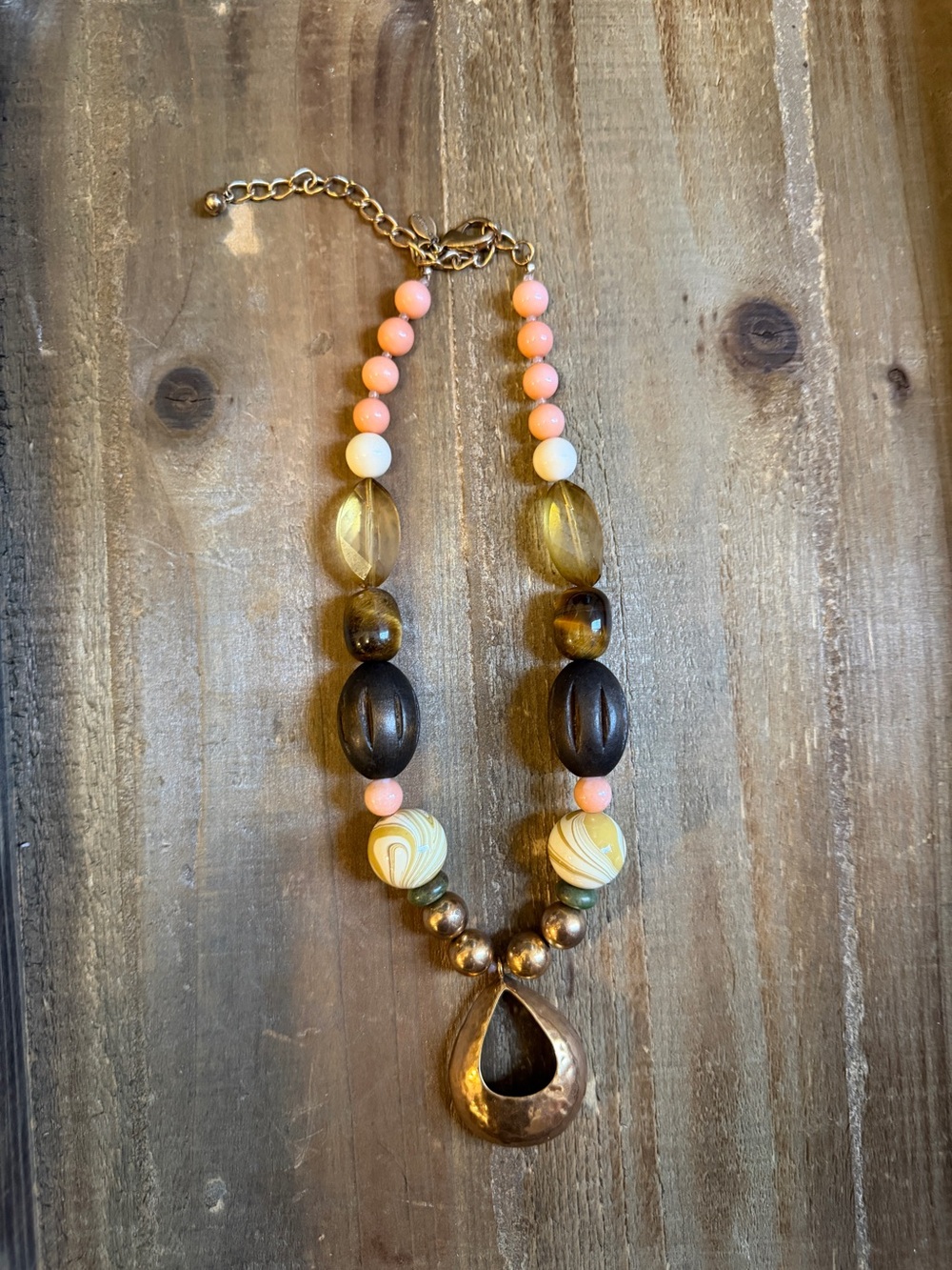 Chico’s Beaded Statement Necklace with Bronze Pendant